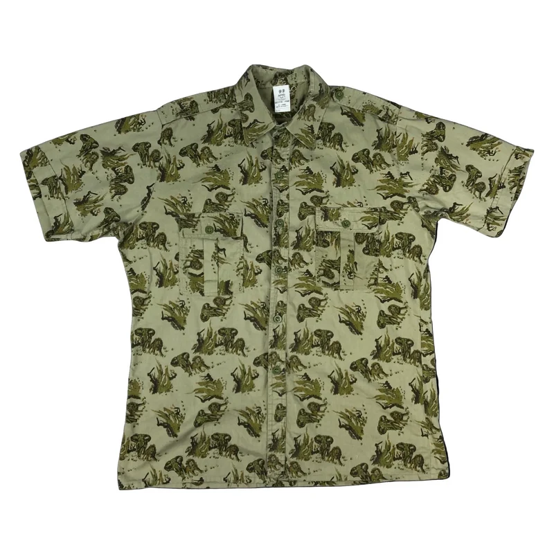 Vintage Green Safari Print Lions Elephants Khaki Printed Shirt L