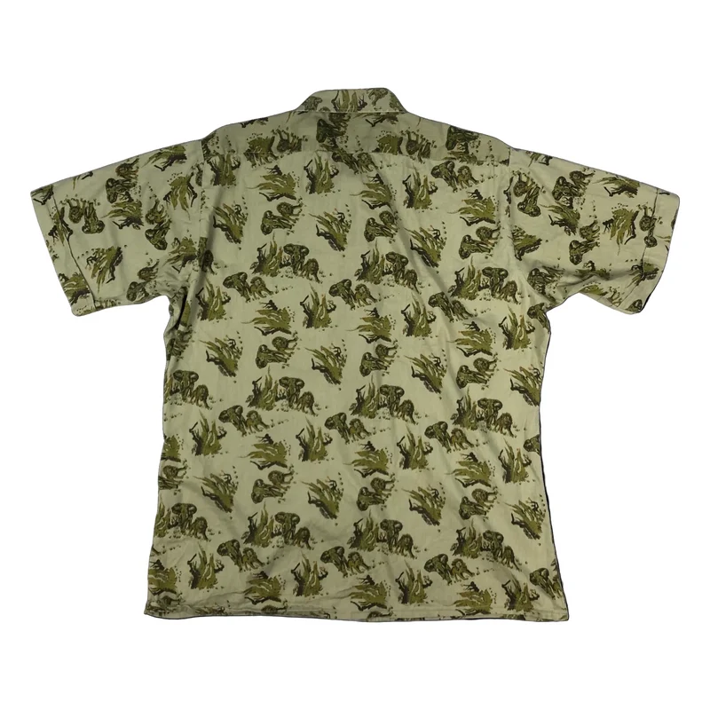 Vintage Green Safari Print Lions Elephants Khaki Printed Shirt L