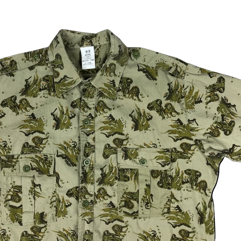 Vintage Green Safari Print Lions Elephants Khaki Printed Shirt L