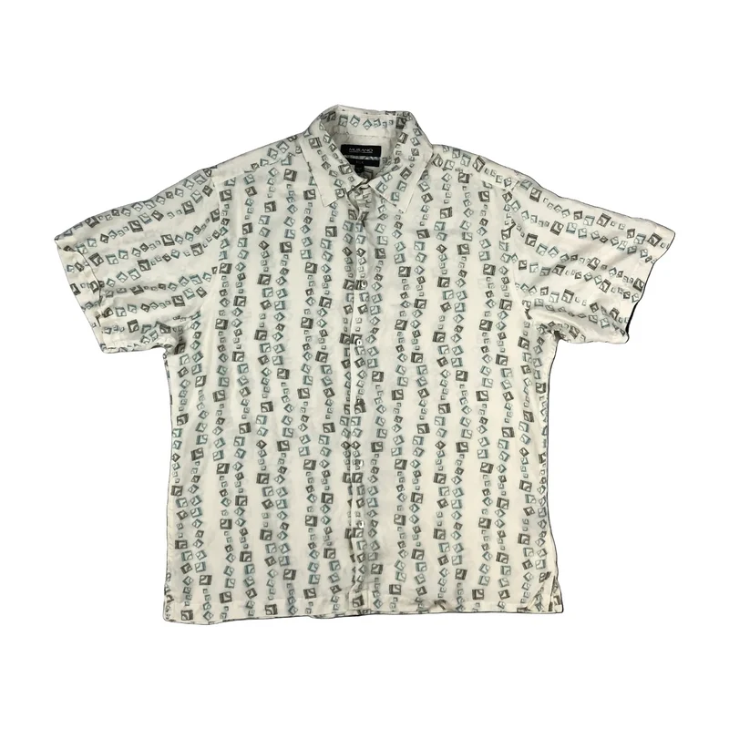 Vintage Abstract Print White Silk Short Sleeve Shirt XL