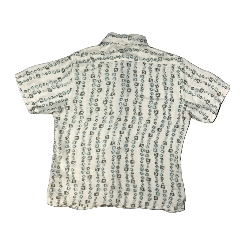 Vintage Abstract Print White Silk Short Sleeve Shirt XL