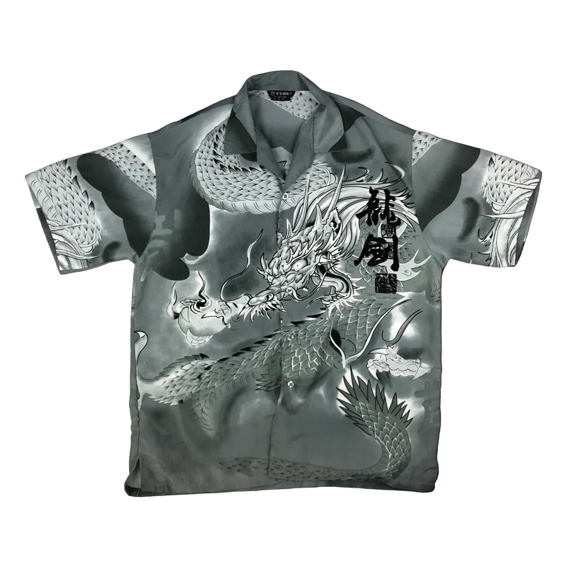 Vintage Y2K Grey Dragon Print Short Sleeve Shirt XL