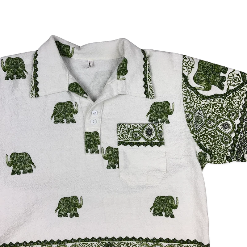 Vintage Green and White Elephant Print Polo Shirt S