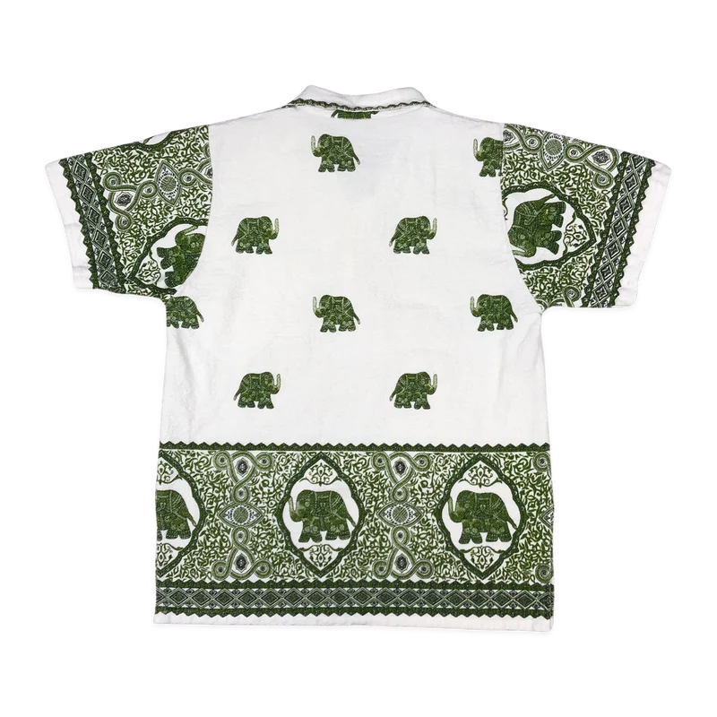 Vintage Green and White Elephant Print Polo Shirt S