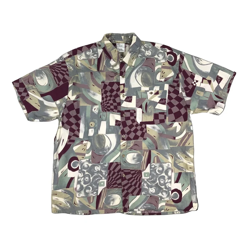 Vintage 80s Crazy Pattern print Red, Grey, and White Short Sleeve Shirt L