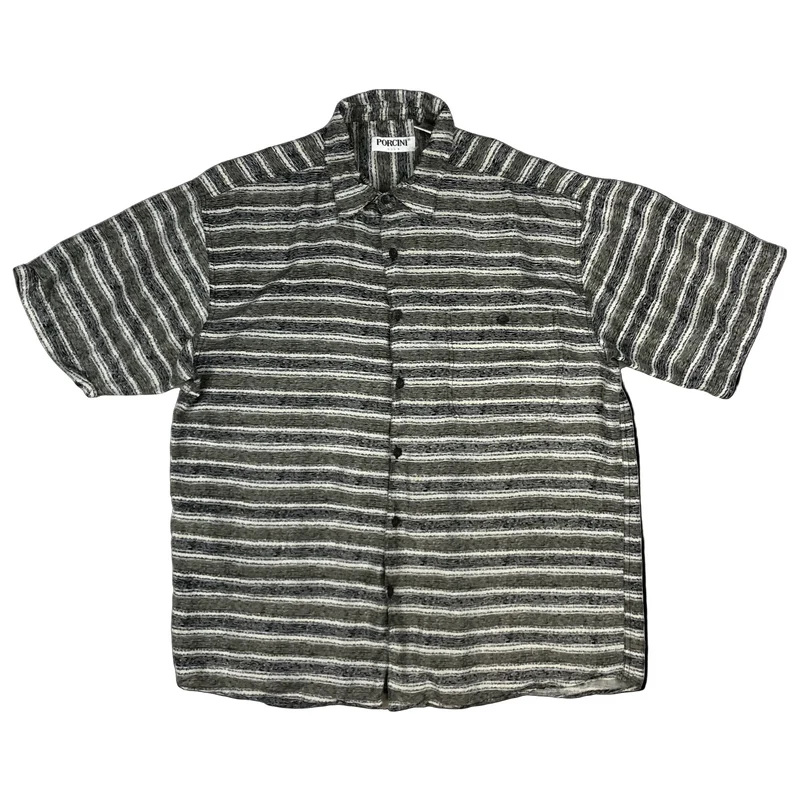 Vintage Abstract Stripy Grey Softy Silk Short Sleeve Shirt L