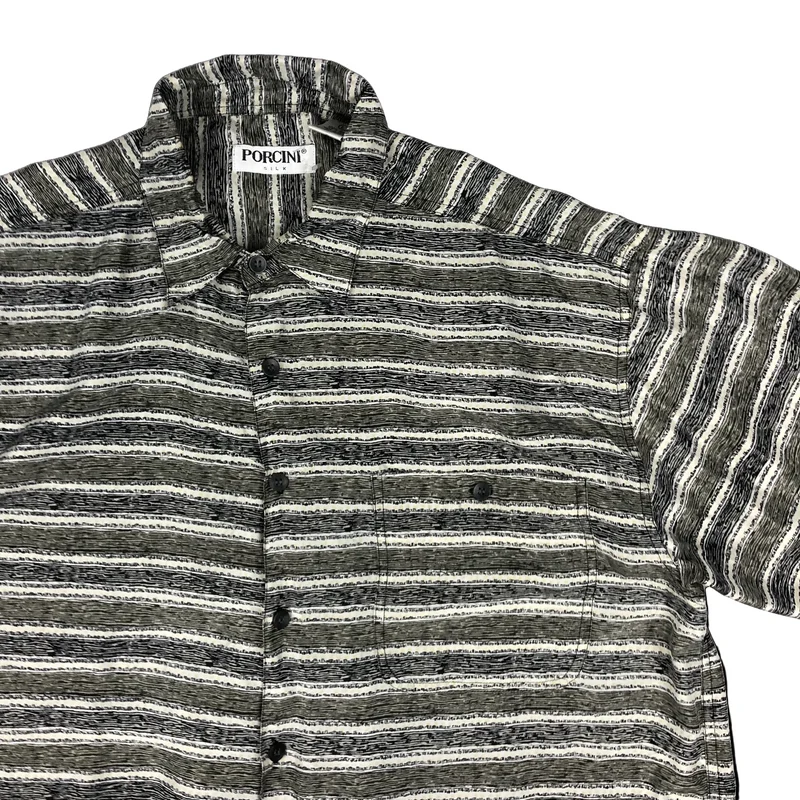 Vintage Abstract Stripy Grey Softy Silk Short Sleeve Shirt L