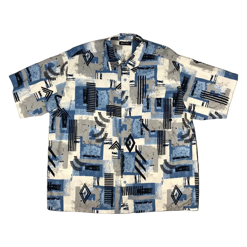 Vintage Abstract Print Blue and White Short Sleeve Shirt Shirt 2XL