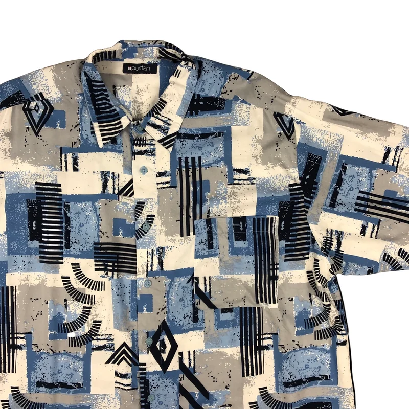 Vintage Abstract Print Blue and White Short Sleeve Shirt Shirt 2XL