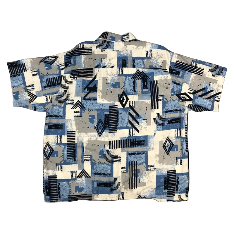 Vintage Abstract Print Blue and White Short Sleeve Shirt Shirt 2XL