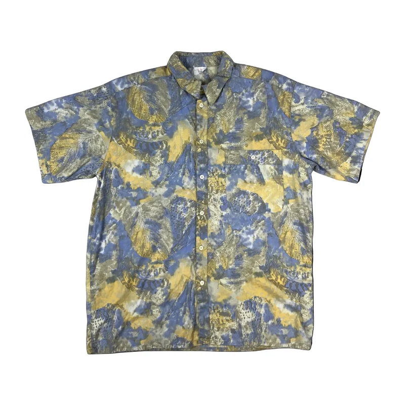 Vintage 80s Abstract Crazy Print Blue and Yellow Short Sleeve Shirt L