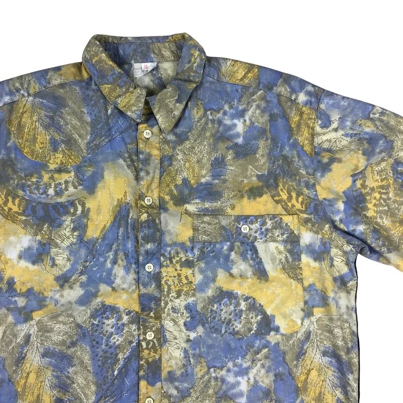 Vintage 80s Abstract Crazy Print Blue and Yellow Short Sleeve Shirt L