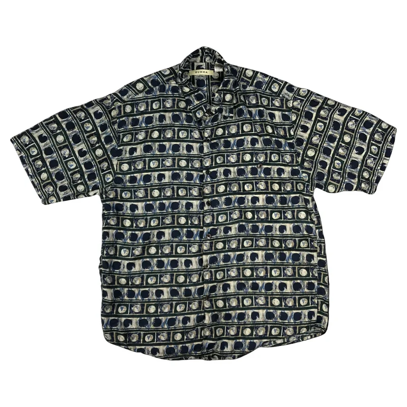 Vintage Abstract Circle Square Print Blue Short Sleeve Shirt L