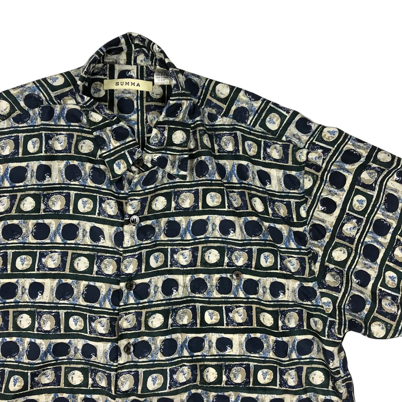 Vintage Abstract Circle Square Print Blue Short Sleeve Shirt L