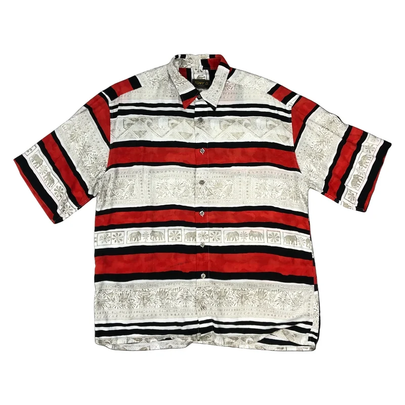 Vintage White, Red, and Black Abstract Print Striped Shirt L