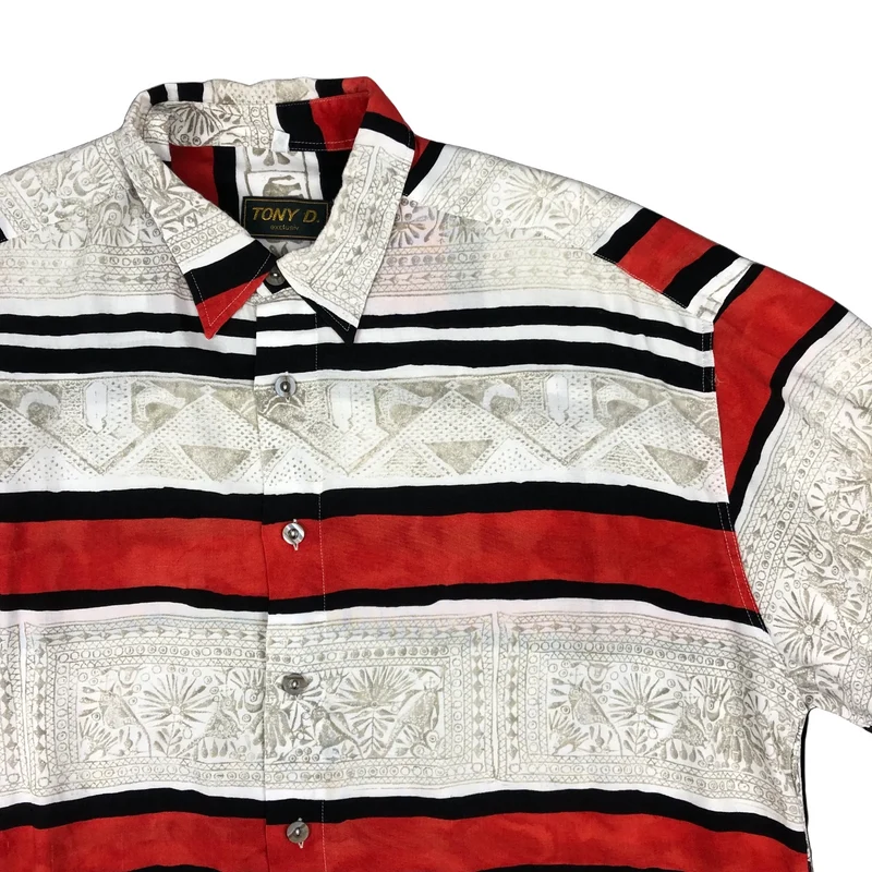 Vintage White, Red, and Black Abstract Print Striped Shirt L