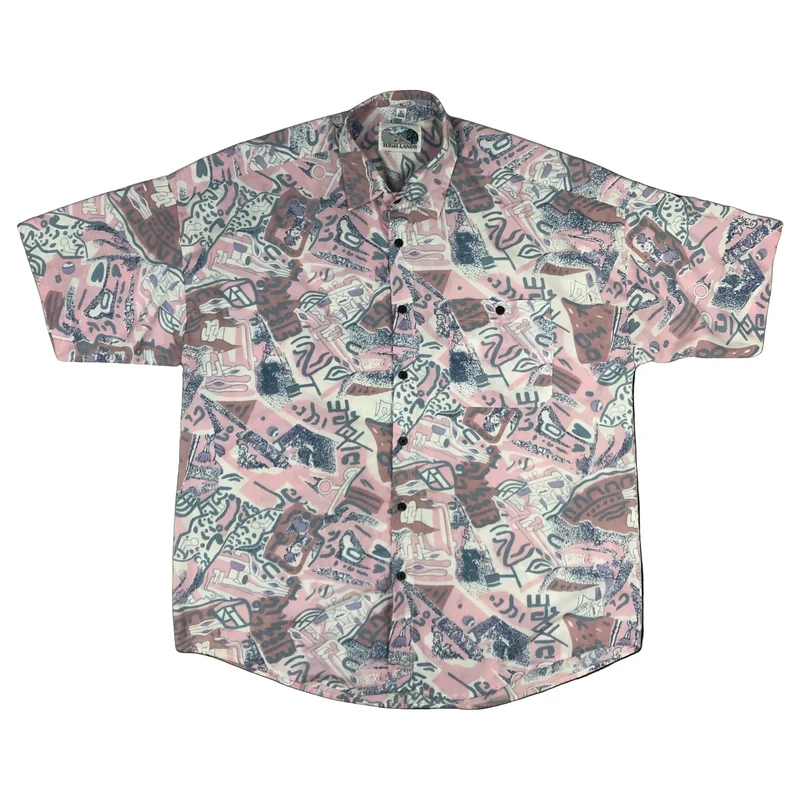 Vintage Abstract Crazy Pattern Print Pink Short Sleeve Shirt L