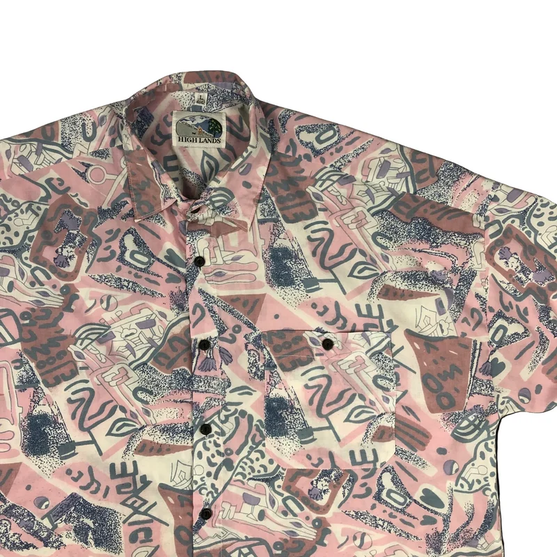 Vintage Abstract Crazy Pattern Print Pink Short Sleeve Shirt L