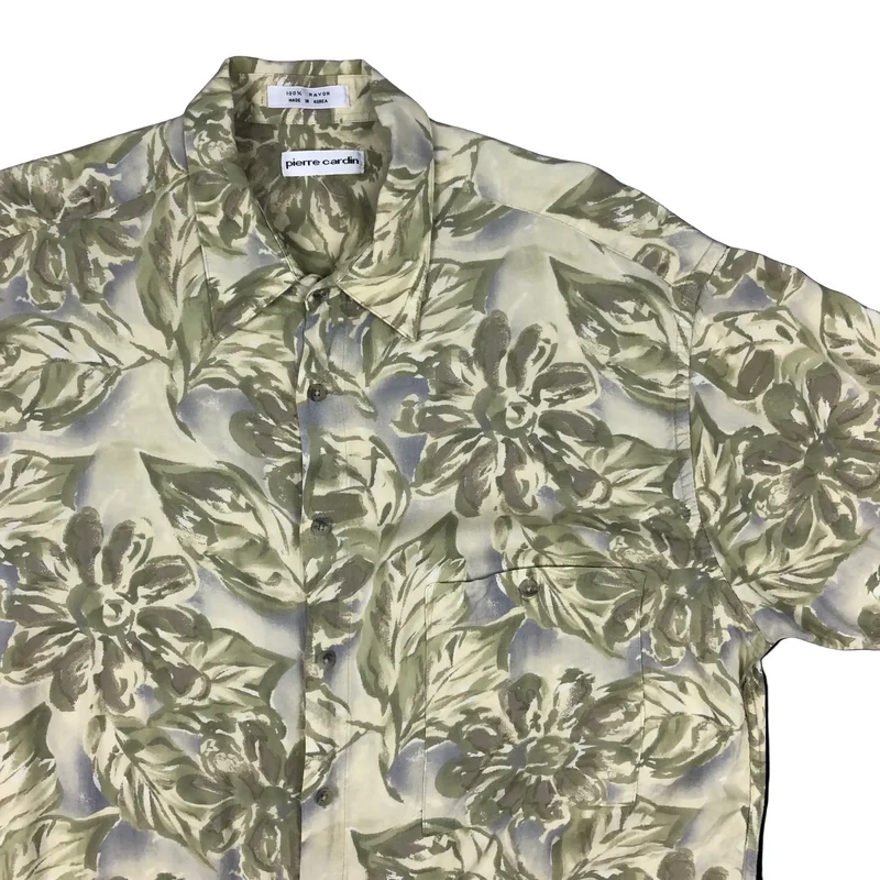 Vintage 1990s Pierre Cardin Green Grey AOP Abstract Print Short Sleeve Shirt XL