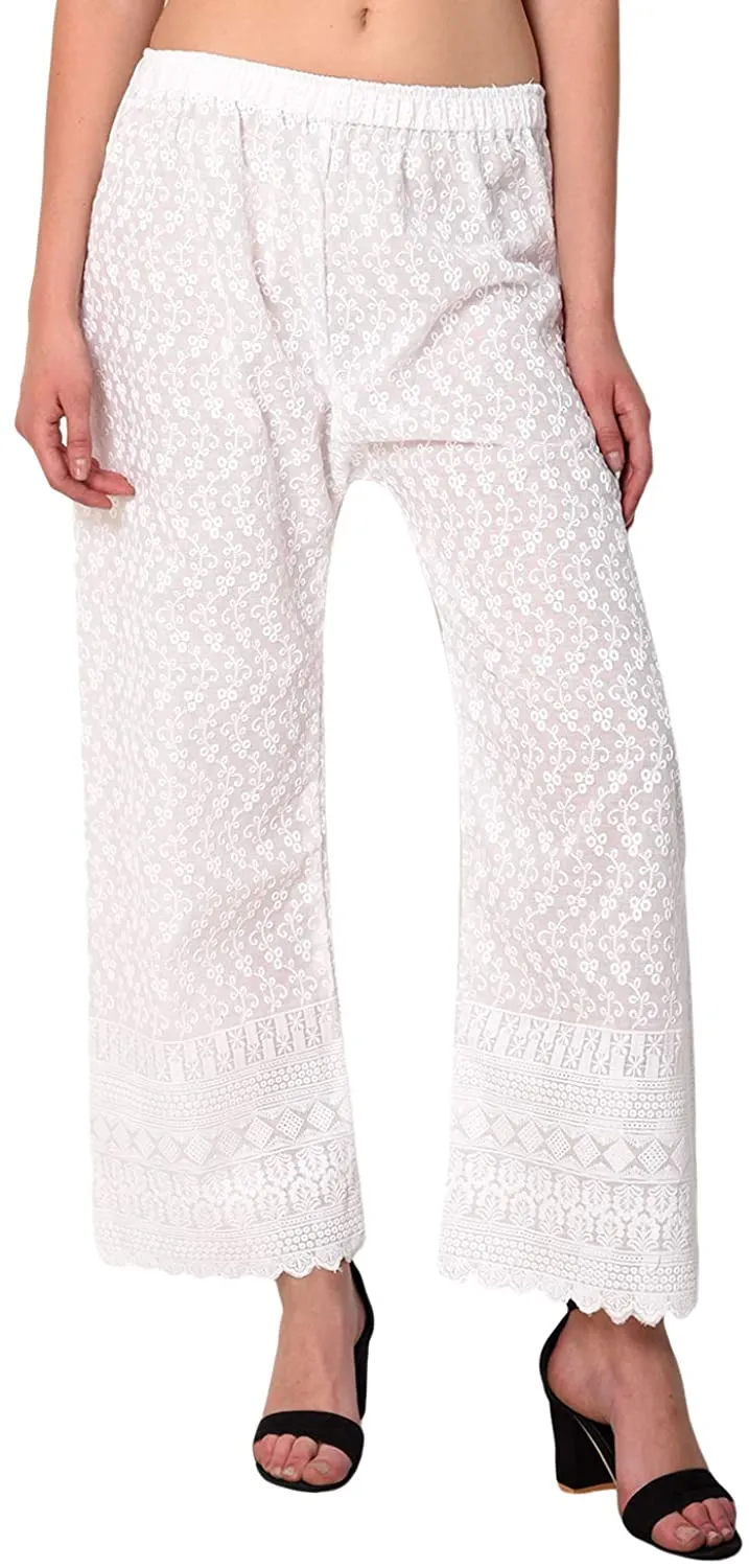 Pantalon Palazzo Brodé Chikan en Coton (Blanc)