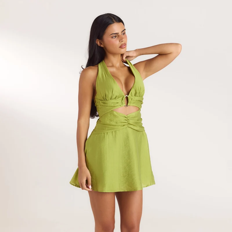 Robe Courte avec Fronces en Tencel - Vert Lime