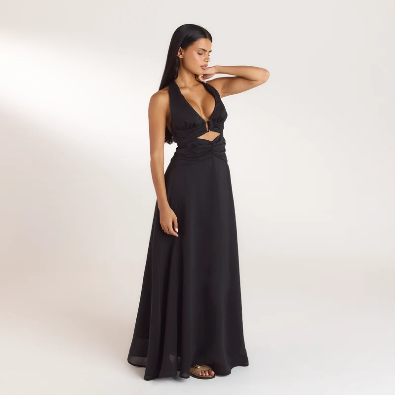 Robe Longue avec Fronces en Tencel - Noir