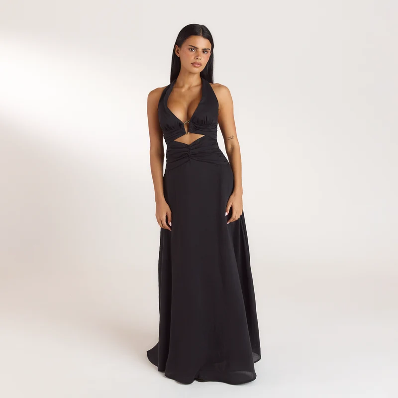 Robe Longue avec Fronces en Tencel - Noir
