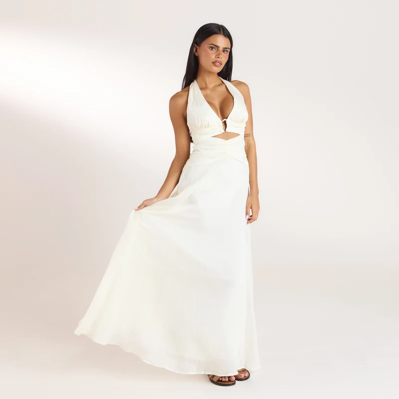 Robe Longue avec Fronces en Tencel - Crème