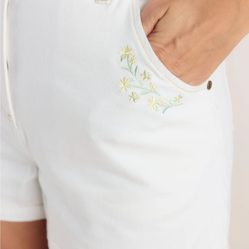 Short en Jean Brodé - Blanc