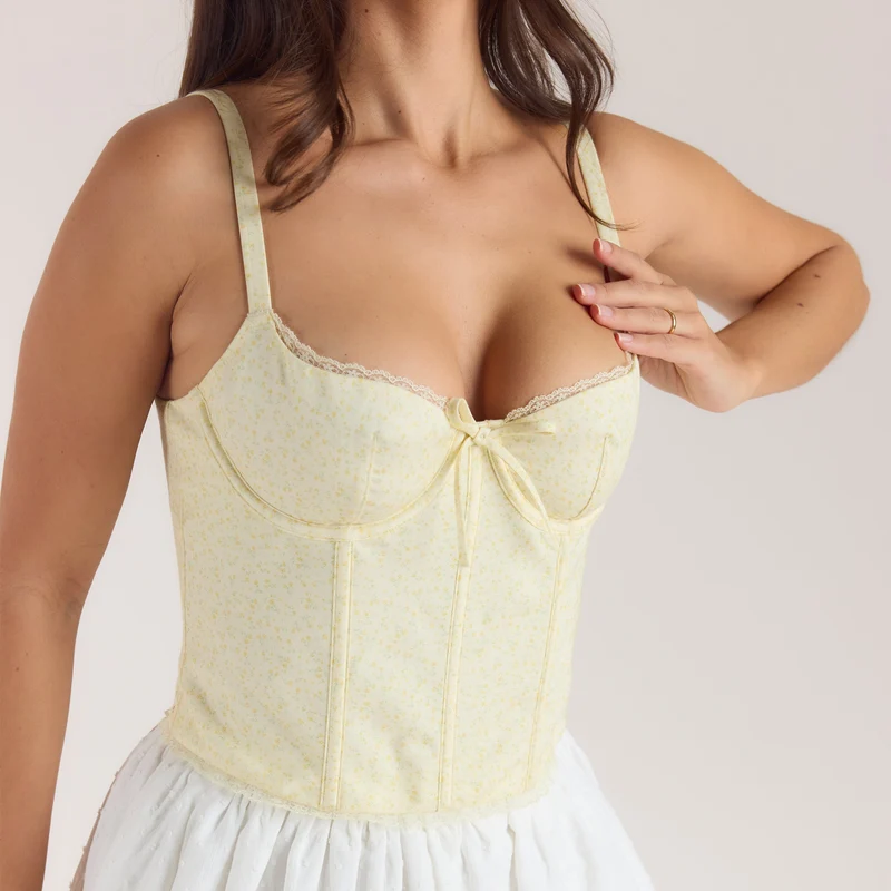 Top Corset avec Bordure en Dentelle - Jaune Floral