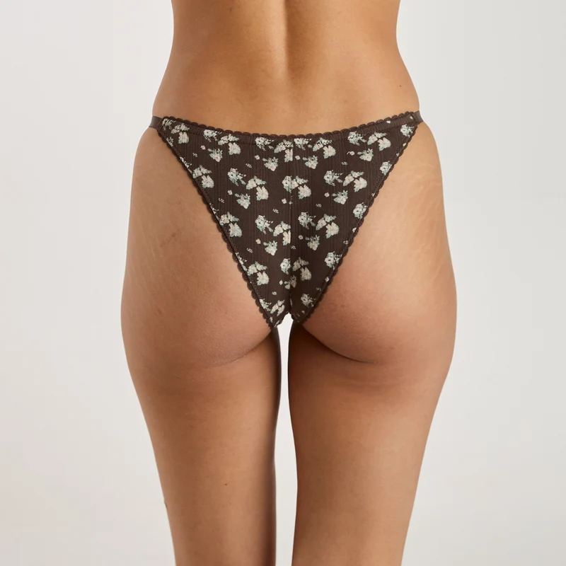 Culotte Triangle Brésilienne en Pointelle - Marron Floral