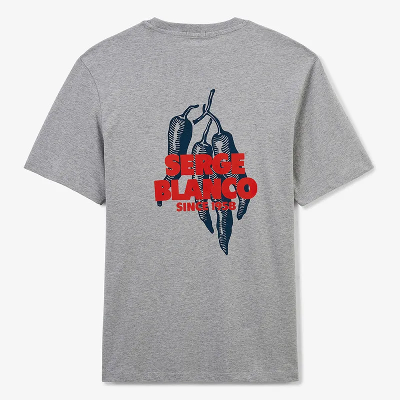 T-shirt col rond imprimé dos piments en coton gris chiné