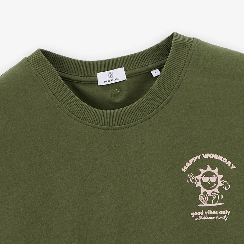 T-shirt col rond en coton imprimé poitrine vert militaire