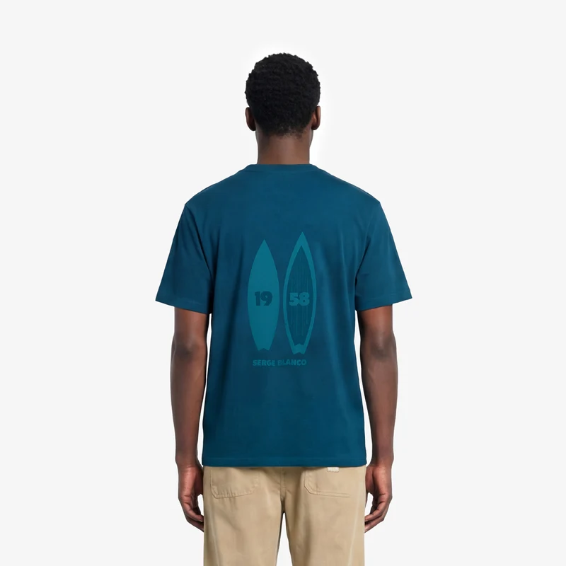 T-shirt col rond en coton imprimé dos surf bleu opale