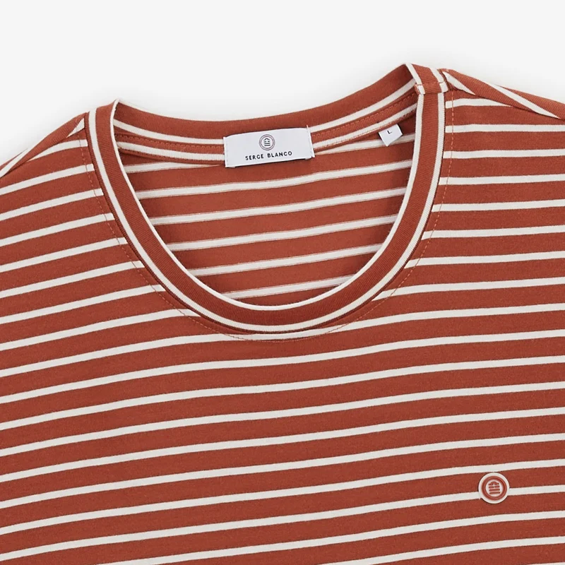 T-shirt col rond rayé blanc et rouge en lin et viscose