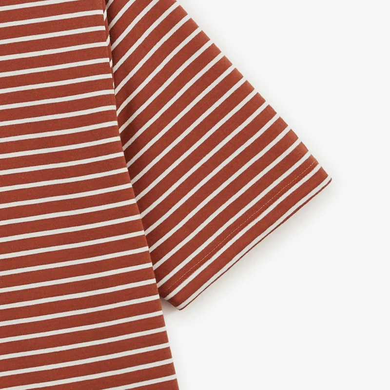 T-shirt col rond rayé blanc et rouge en lin et viscose