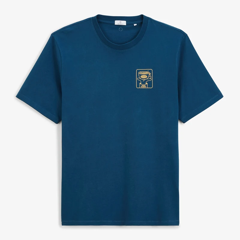 T-shirt col rond en coton imprimé poitrine bleu opale