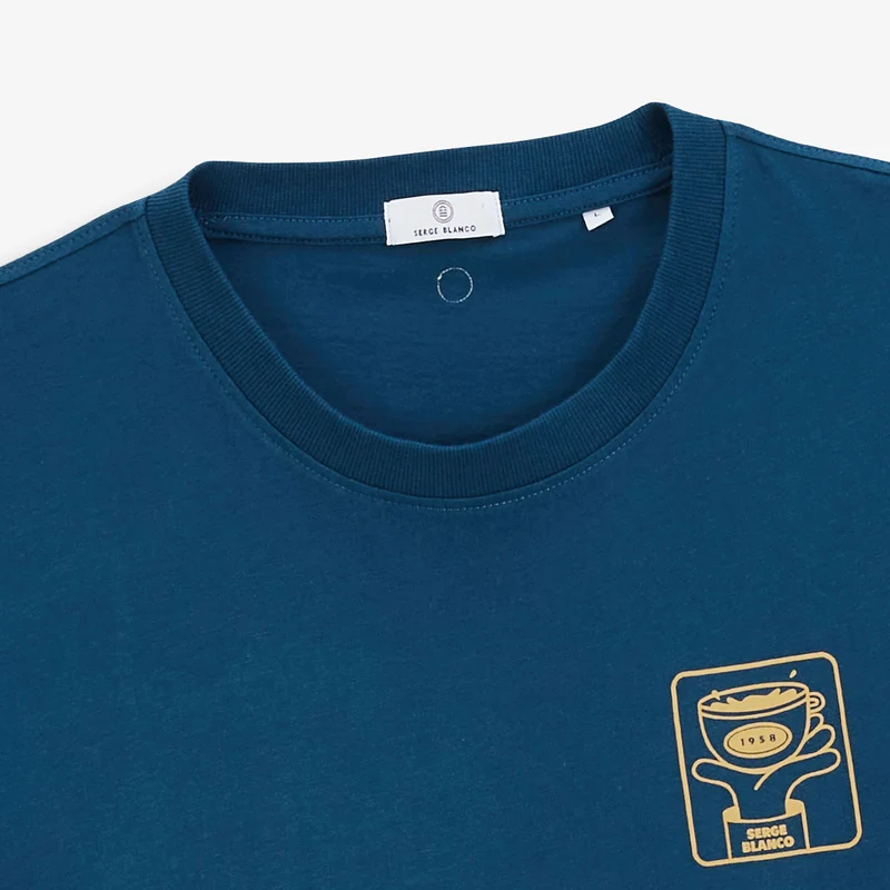 T-shirt col rond en coton imprimé poitrine bleu opale