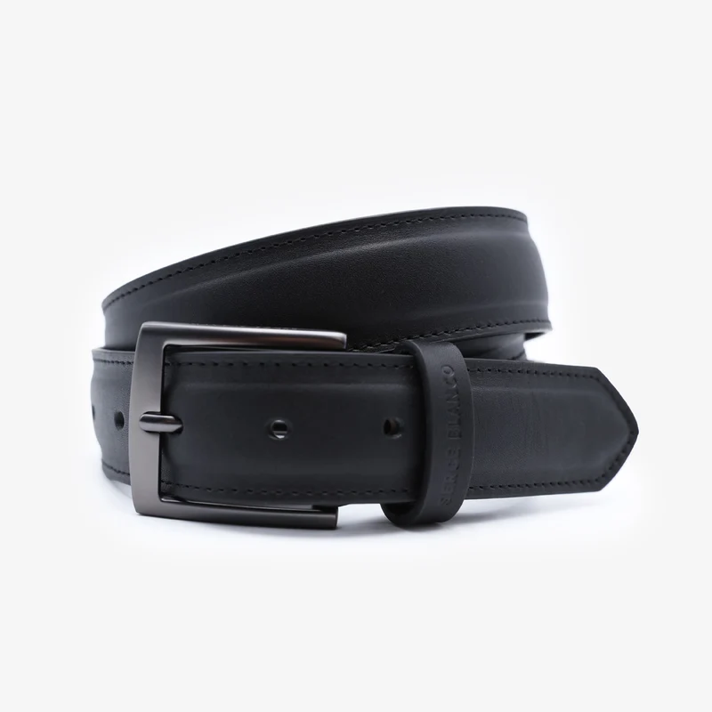 Ceinture cuir bovin noire à surpiqûres ton sur ton