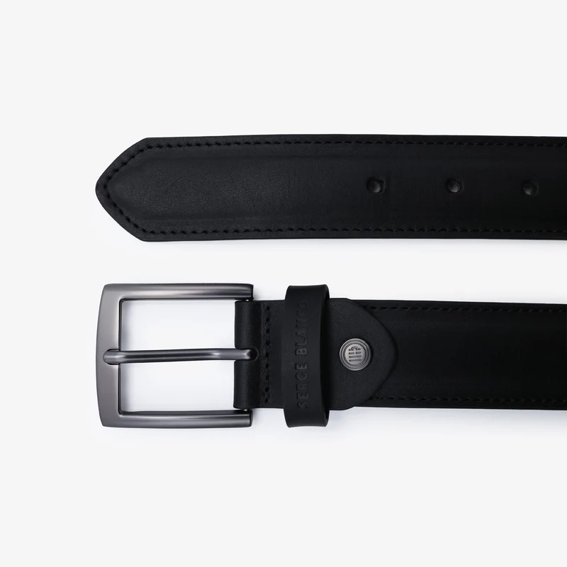 Ceinture cuir bovin noire à surpiqûres ton sur ton