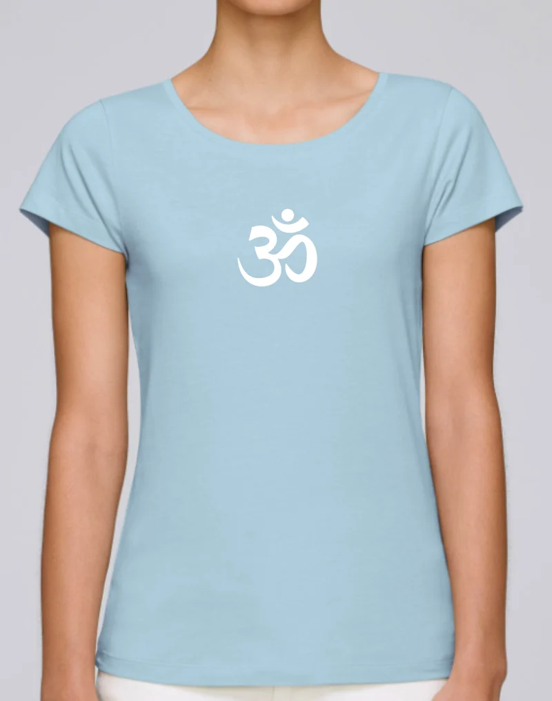T-shirt de yoga pour femme bleu ciel 100% coton biologique (blanc Om)