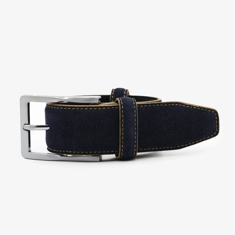 Ceinture cuir nubuck bleu marine à surpiqûres contrastées