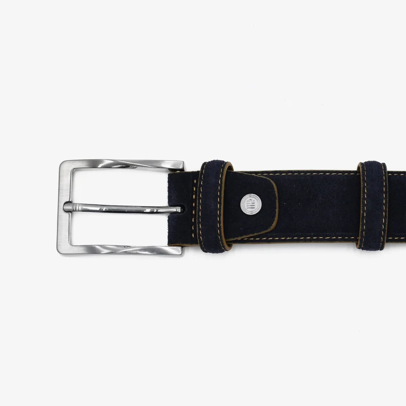 Ceinture cuir nubuck bleu marine à surpiqûres contrastées