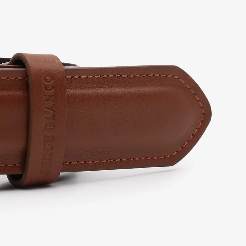 Ceinture cuir bovin marron à surpiqûres ton sur ton
