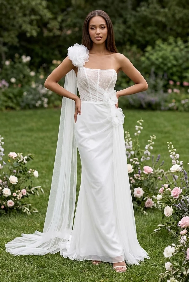 Robe Longue Asymétrique Blanche & Corset Pailleté – Robe de Mariée ou Soirée Chics