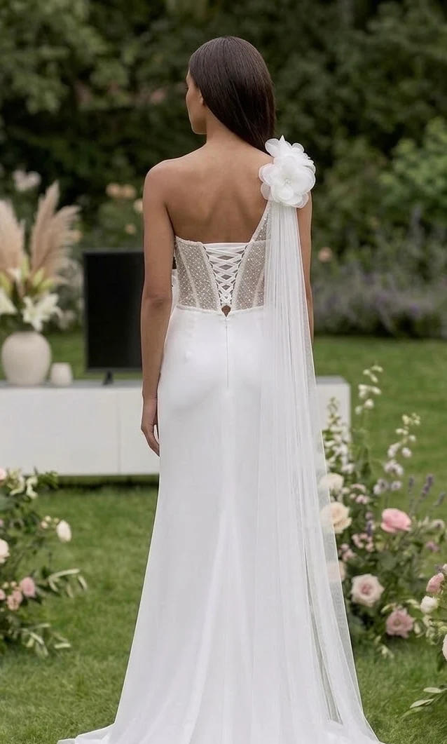 Robe Longue Asymétrique Blanche & Corset Pailleté – Robe de Mariée ou Soirée Chics