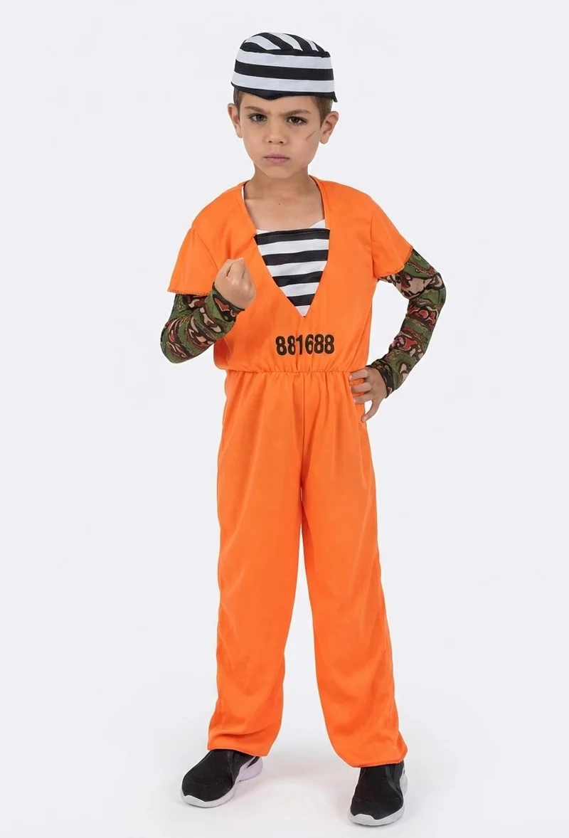 Déguisement de Prisonnier / Détenu Orange et Rayé pour Enfant – Costume Complet avec Bonnet et Manches Effet Tatouage