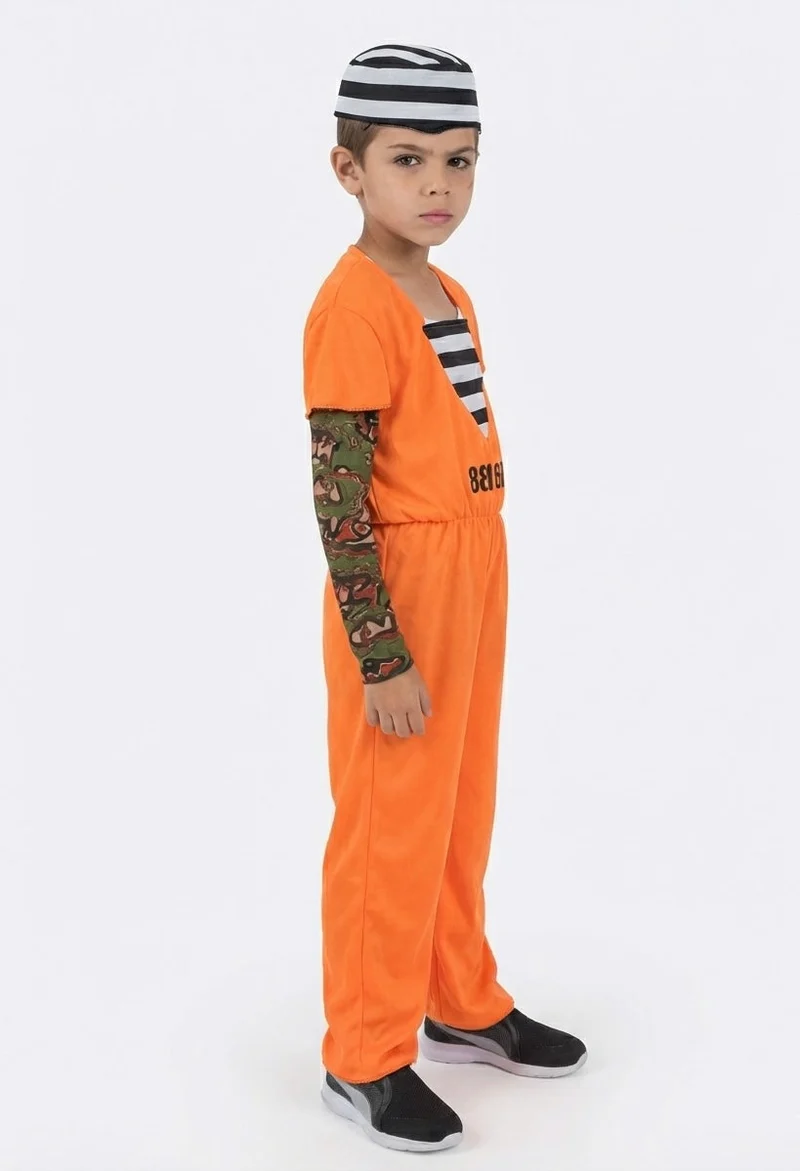 Déguisement de Prisonnier / Détenu Orange et Rayé pour Enfant – Costume Complet avec Bonnet et Manches Effet Tatouage
