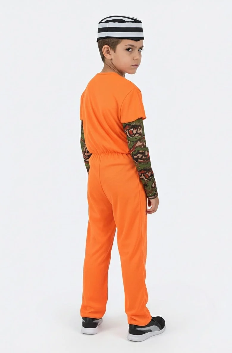 Déguisement de Prisonnier / Détenu Orange et Rayé pour Enfant – Costume Complet avec Bonnet et Manches Effet Tatouage