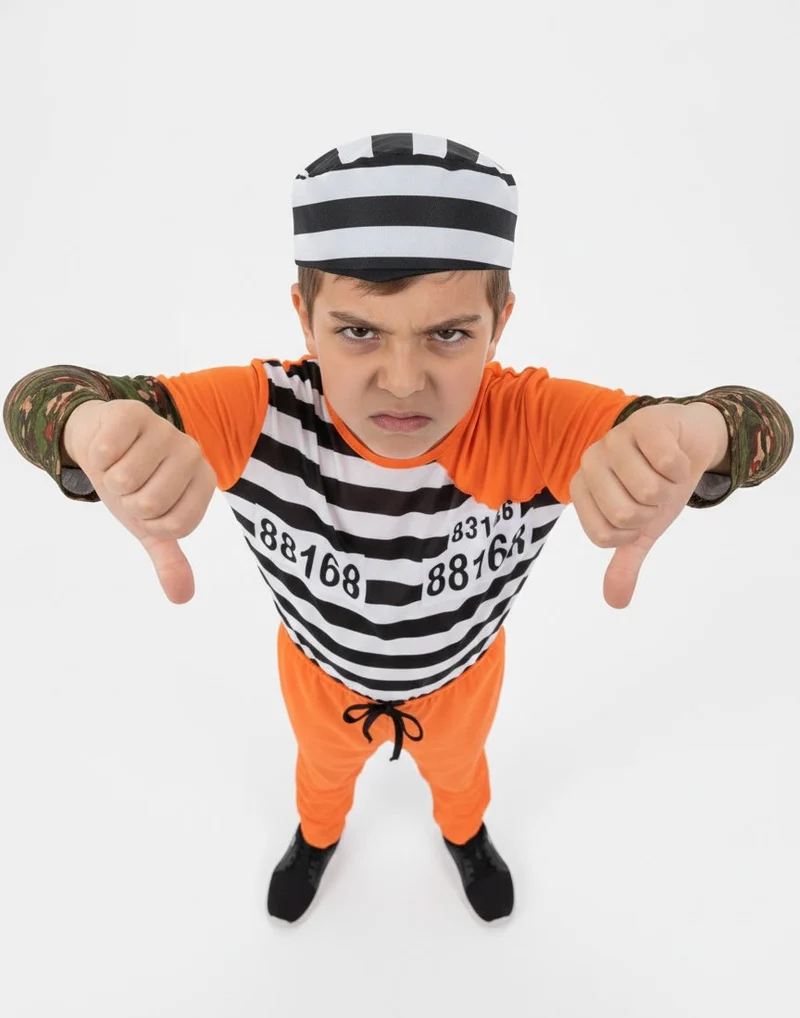 Déguisement de Prisonnier / Détenu Orange et Rayé pour Enfant – Costume Complet avec Bonnet et Manches Effet Tatouage